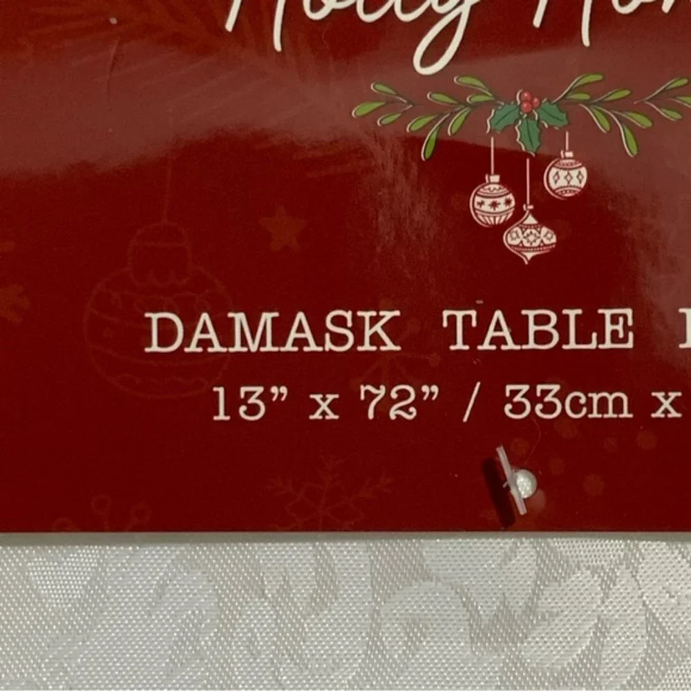 Holly Homes Table Runner Silky Damask Holiday Dressy White 13 in x 72 in